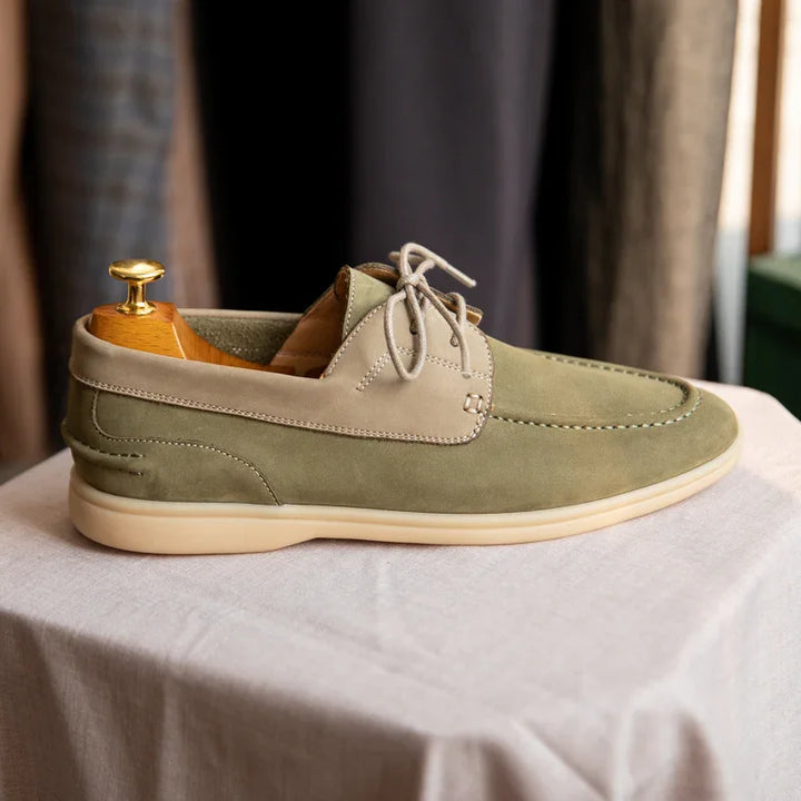 beige and olive green suede casual lace-up shoe with light sole on white cloth