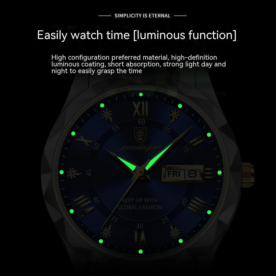 Luminous wristwatch dial with glowing hands and markers, Roman numerals, and day-date display