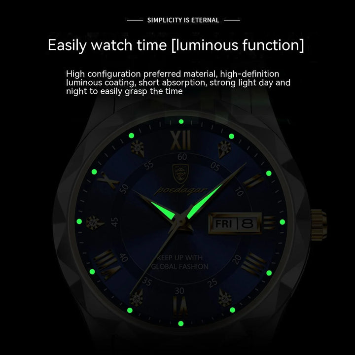 Luminous wristwatch dial with glowing hands and markers, Roman numerals, and day-date display