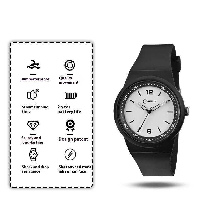 Black strap wristwatch with white dial and waterproof, shock resistant, silent running features