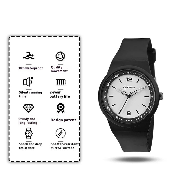 Black strap wristwatch with white dial and waterproof, shock resistant, silent running features