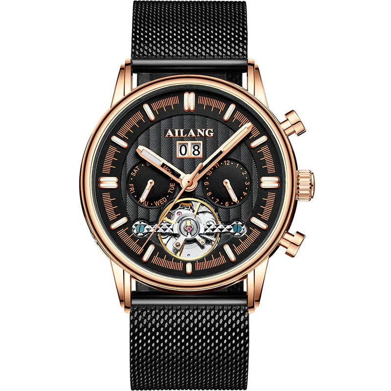 AILANG men's black dial mechanical wristwatch with rose gold case and black mesh strap