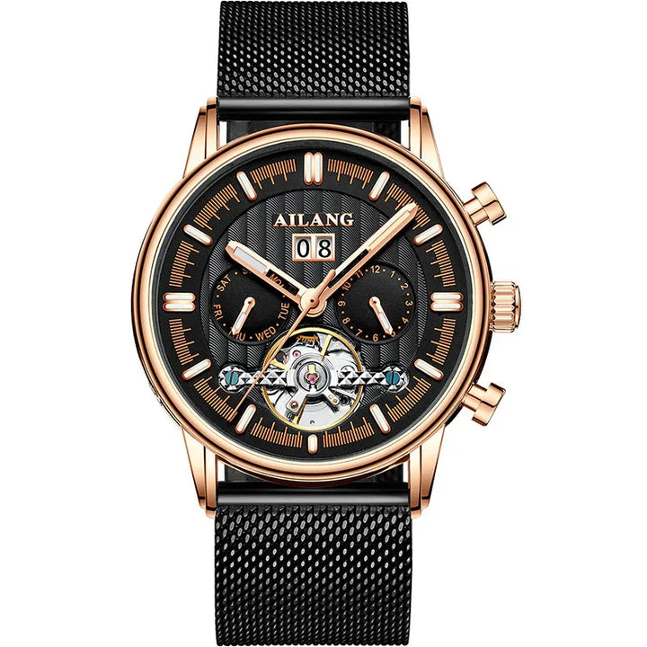 AILANG men's black dial mechanical wristwatch with rose gold case and black mesh strap