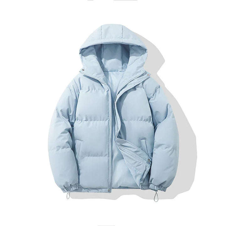 Light blue puffer jacket with hood, zipper closure, and elastic cuffs on white background