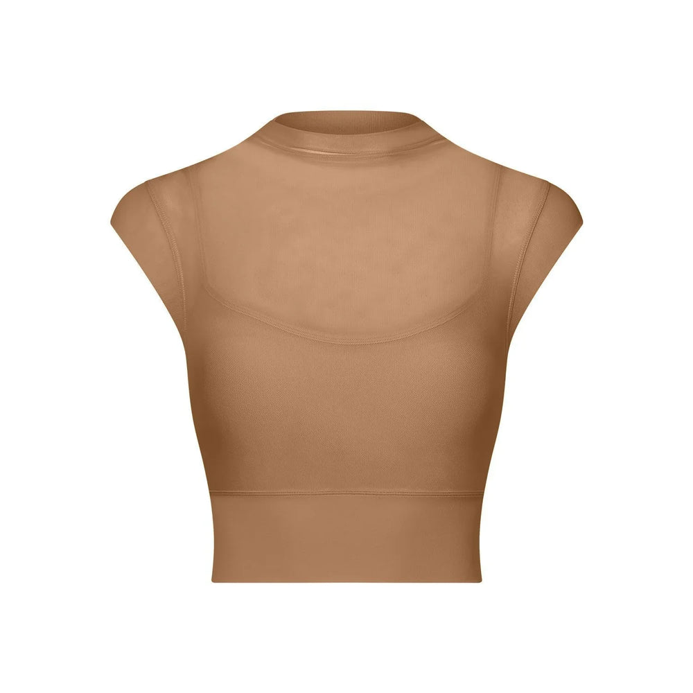 brown cropped mock neck cap sleeve seamless top with stretch fabric