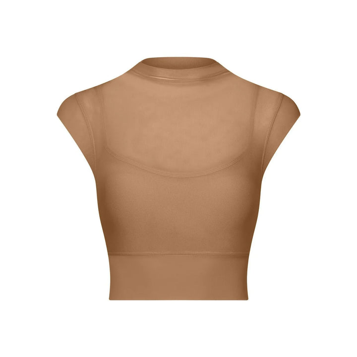 brown cropped mock neck cap sleeve seamless top with stretch fabric