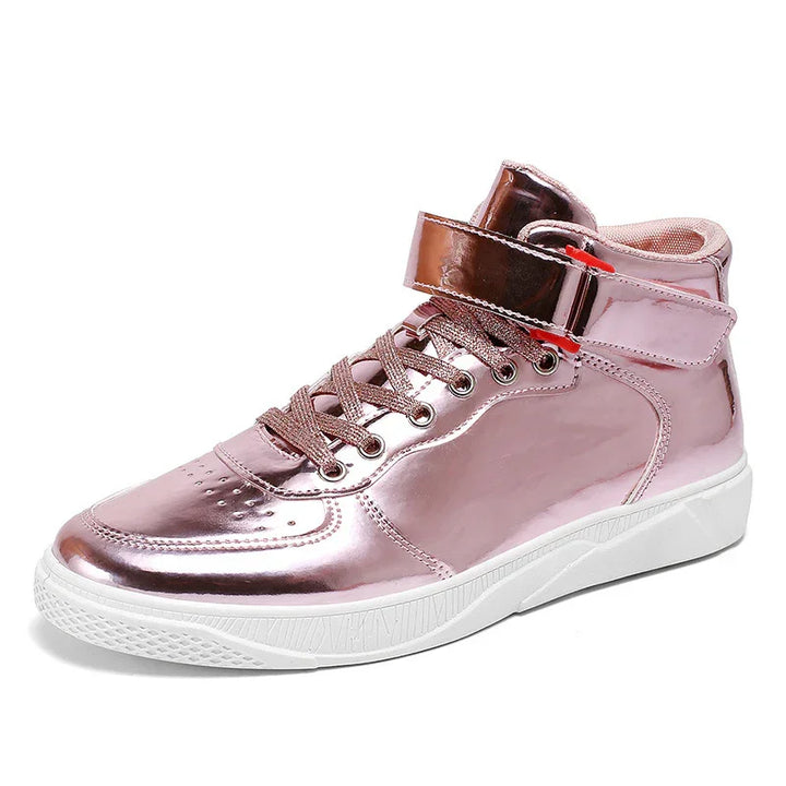 shiny metallic pink high-top sneaker with velcro strap and white sole