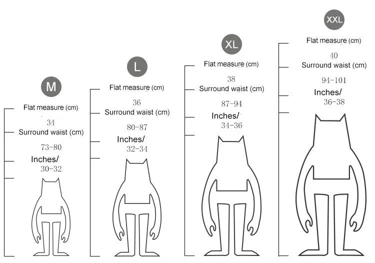 Waist size chart illustration with cartoon figures for M, L, XL, XXL sizes showing flat and surround waist measurements in cm and inches