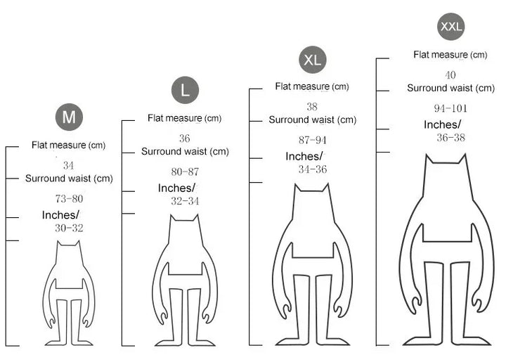 Waist size chart illustration with cartoon figures for M, L, XL, XXL sizes showing flat and surround waist measurements in cm and inches