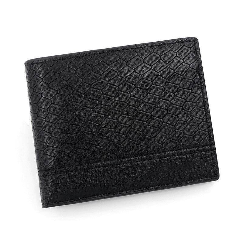 Black leather wallet with textured diamond pattern and smooth lower band on white background