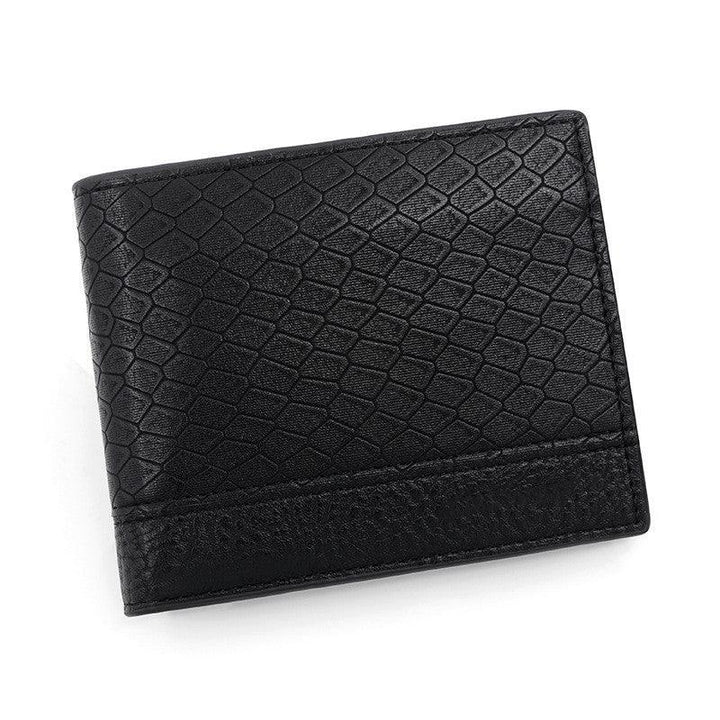 Black leather wallet with textured diamond pattern and smooth lower band on white background