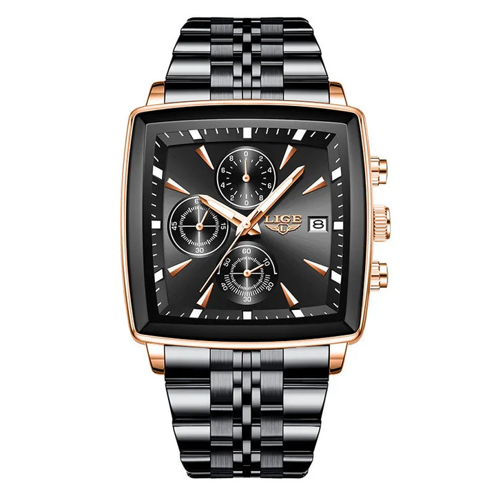 LIGE men's luxury wristwatch with black square dial, rose gold case, chronograph subdials, date window, and black stainless steel bracelet