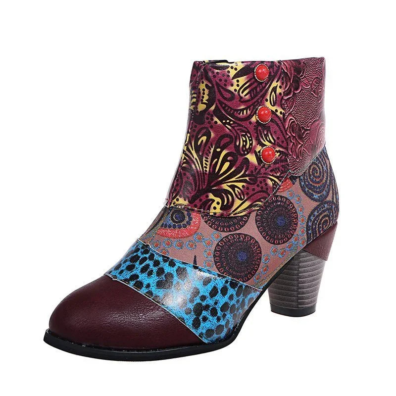 Colorful ankle boot with floral, circular, and leopard print patterns and stacked heel