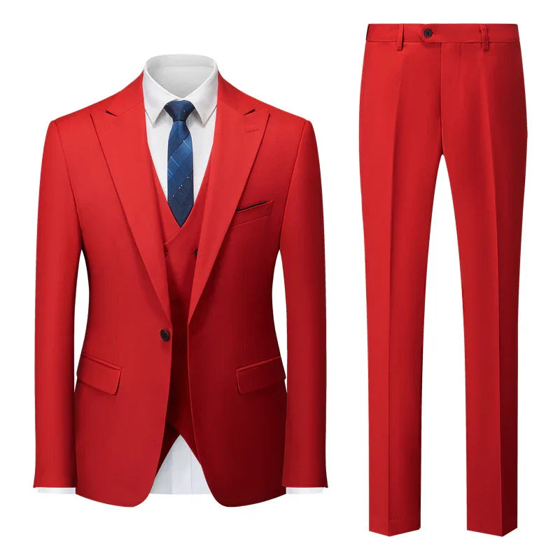 Men's red three-piece suit with blazer, waistcoat, trousers, white shirt, and blue patterned tie