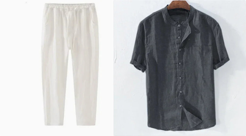 Light beige linen pants with elastic waist and dark gray short-sleeve button-up shirt