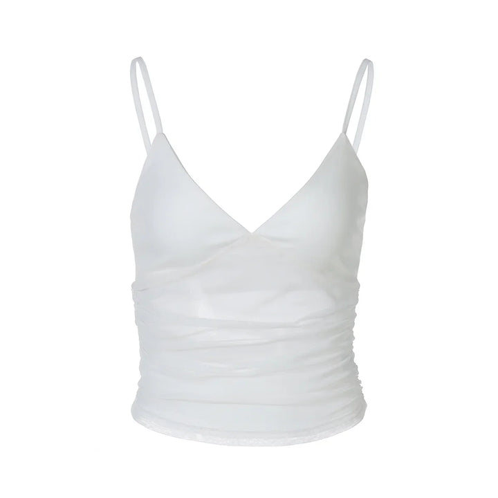 White spaghetti strap ruched camisole top with V-neckline on white background