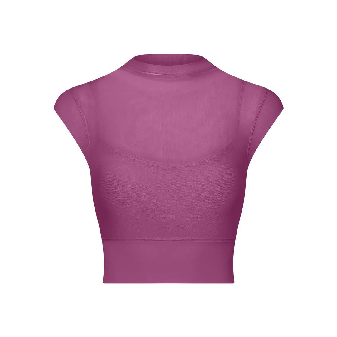 Purple seamless short sleeve crop top with mesh panel and high neckline