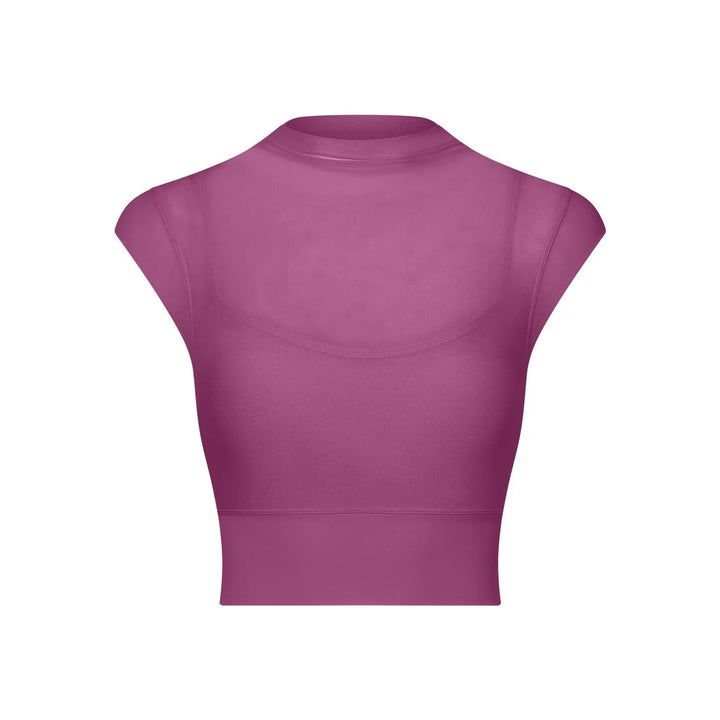 Purple seamless short sleeve crop top with mesh panel and high neckline