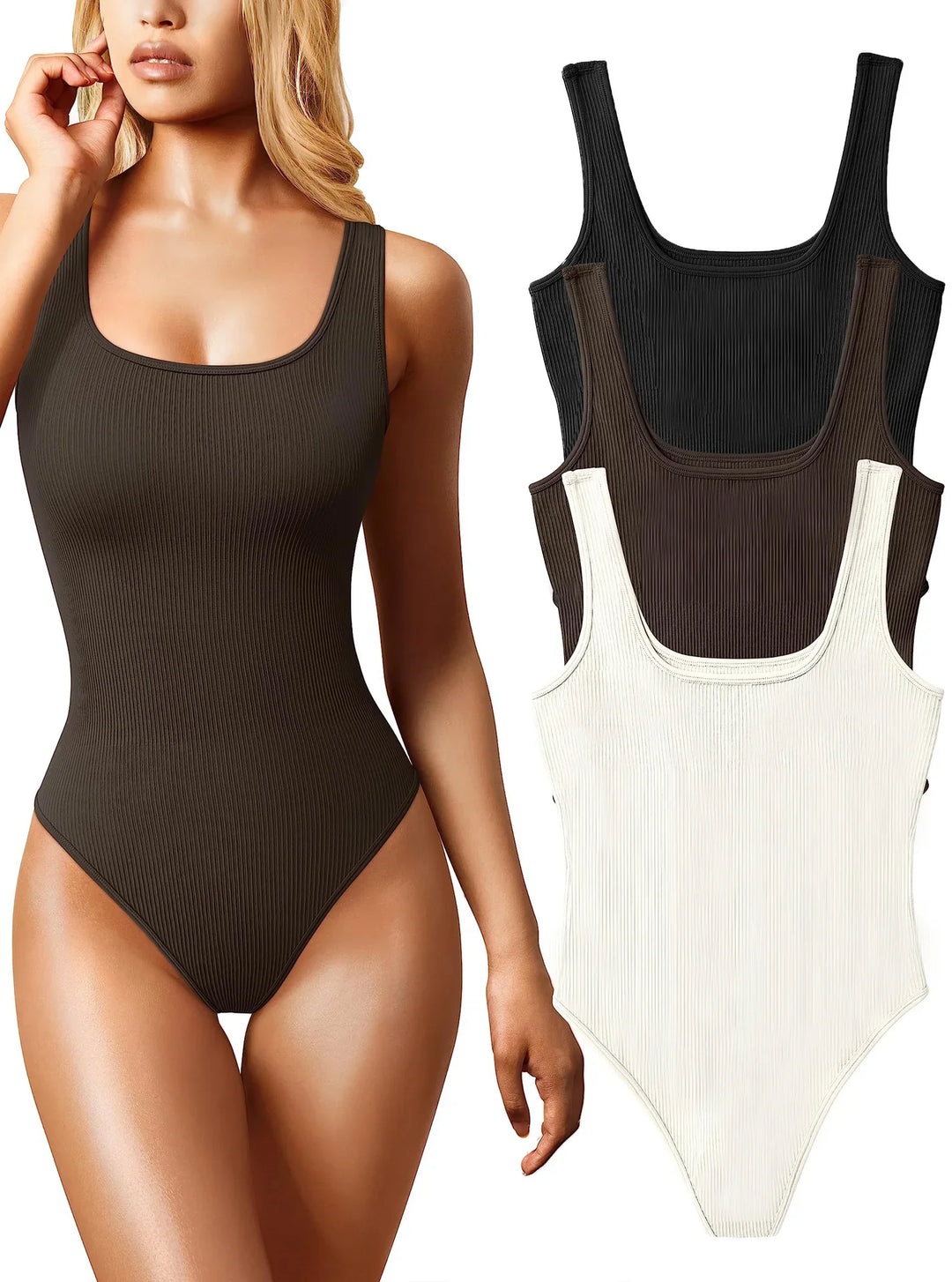 Woman modeling brown ribbed tank bodysuit with black, brown, and white ribbed bodysuits stacked on white background