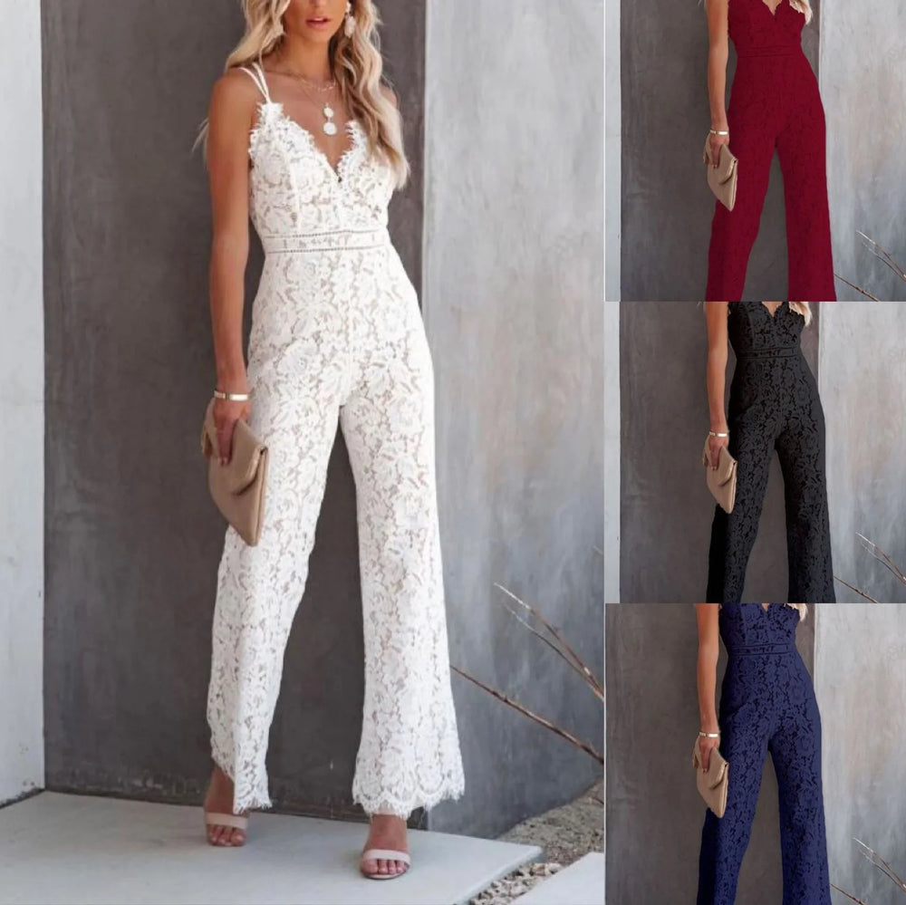 Women wearing lace jumpsuits in white, burgundy, black, and navy, styled with beige clutch and heels