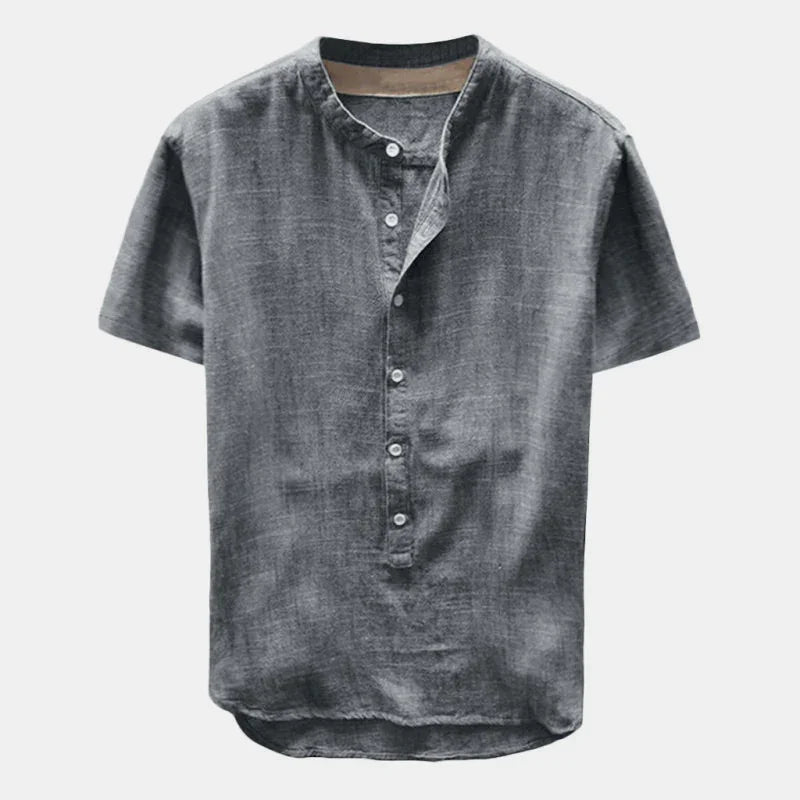 gray short-sleeve linen shirt with mandarin collar and button placket on white background