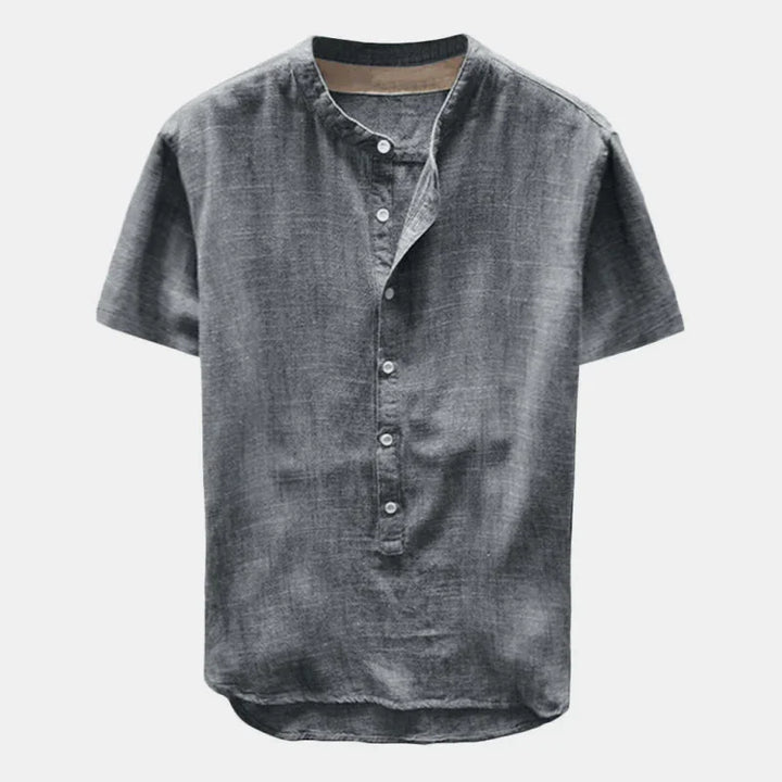 gray short-sleeve linen shirt with mandarin collar and button placket on white background