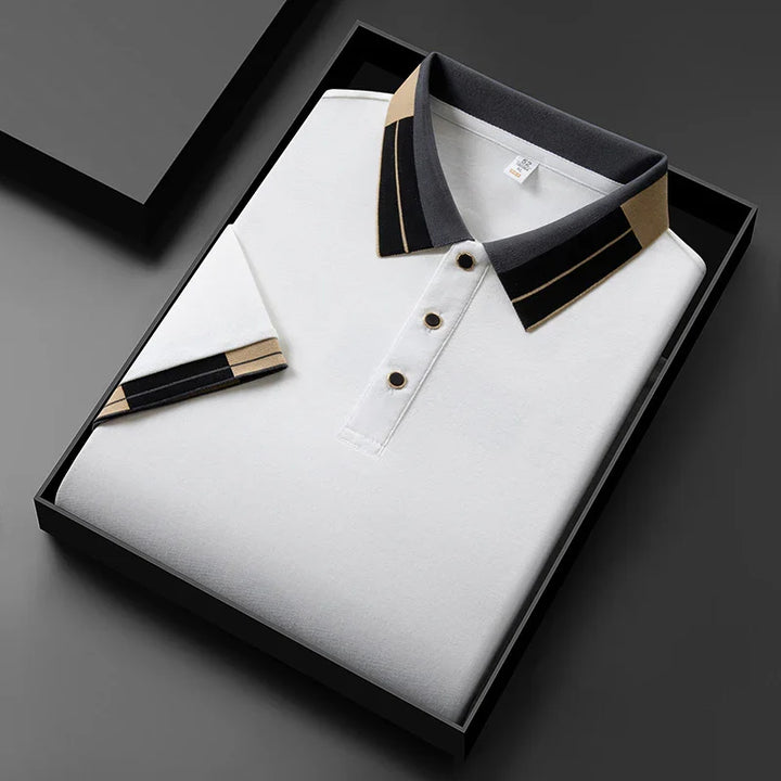 White polo shirt with black and beige striped collar and sleeve cuffs in black gift box