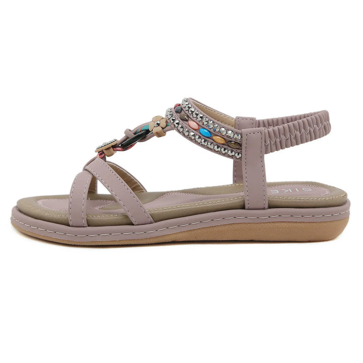 Beige flat sandal with colorful beads and rhinestone straps, elastic back strap, cushioned sole