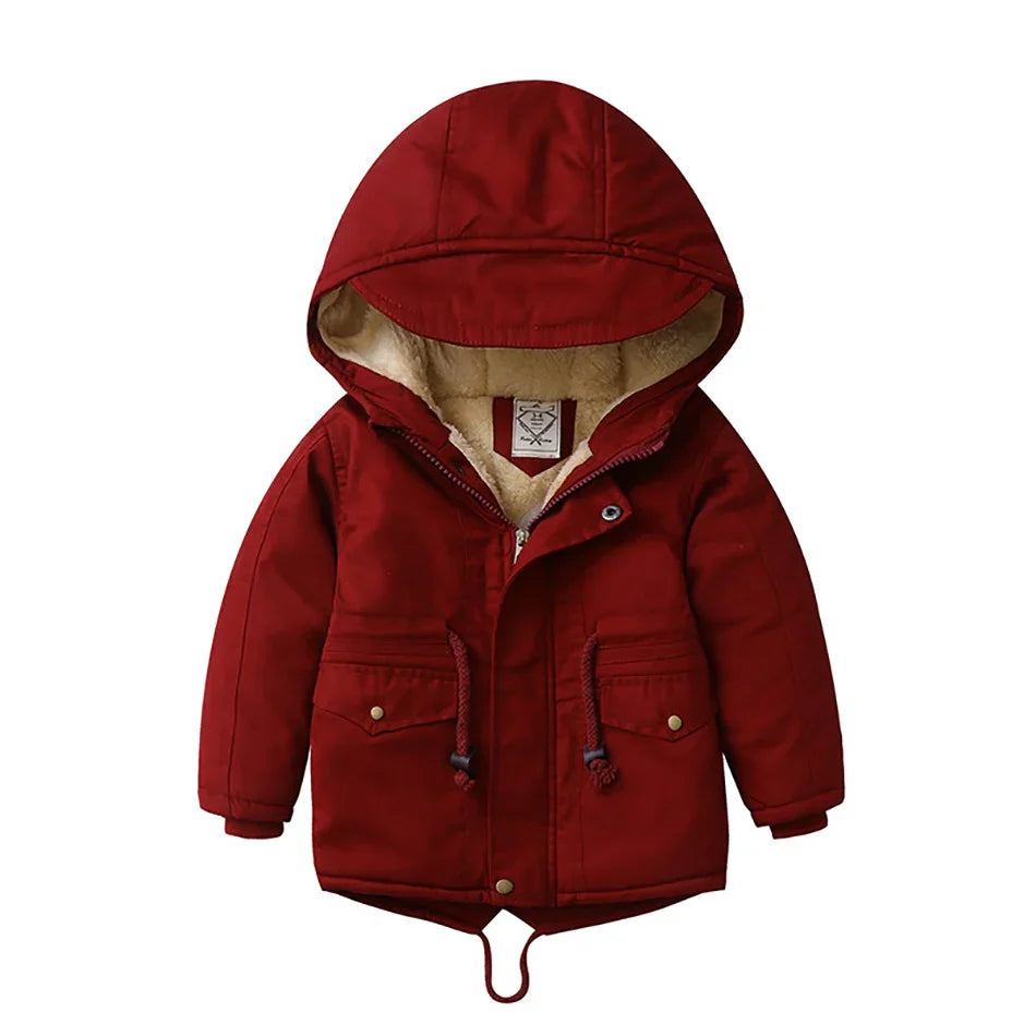Red hooded winter jacket with fleece lining and front pockets for kids