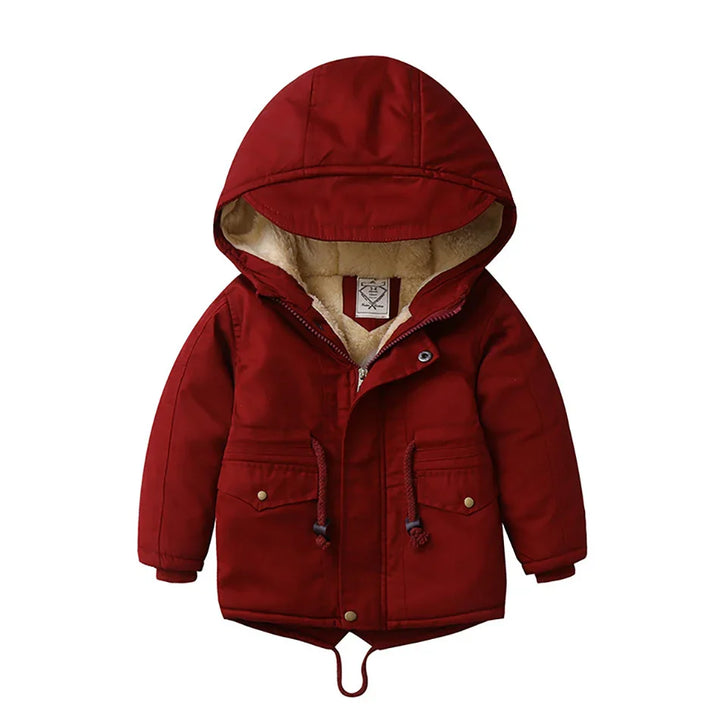 Red hooded winter jacket with fleece lining and front pockets for kids