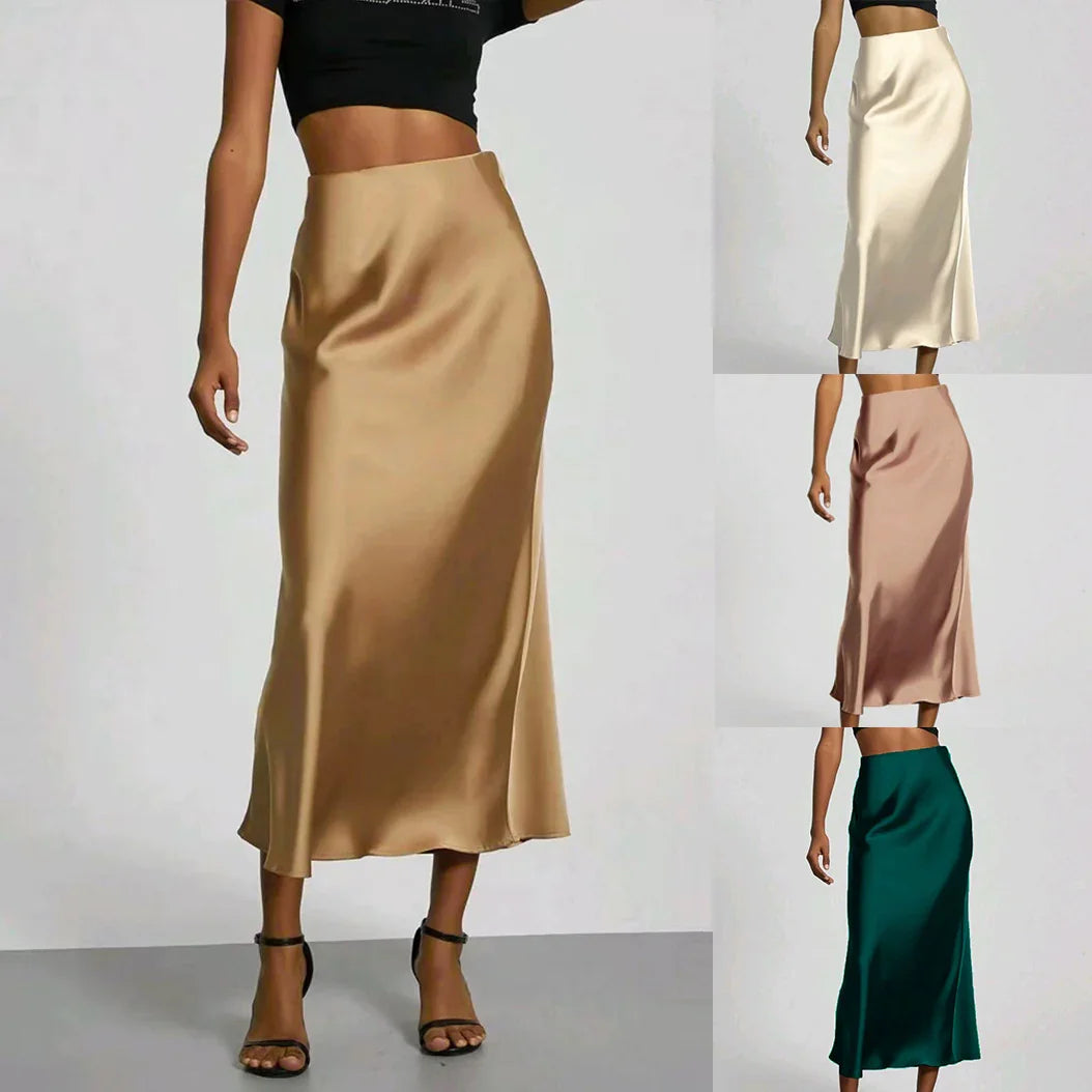 Women wearing satin midi slip skirts in camel, cream, mauve, and teal colors with black crop tops