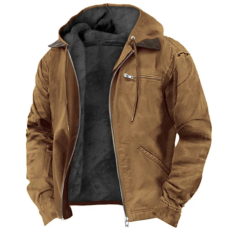 Brown men's jacket with black fleece lining, zipper front, and hood with drawstrings