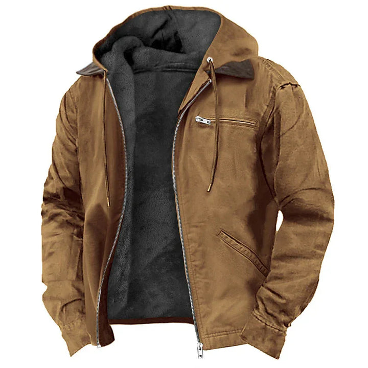 Brown men's jacket with black fleece lining, zipper front, and hood with drawstrings