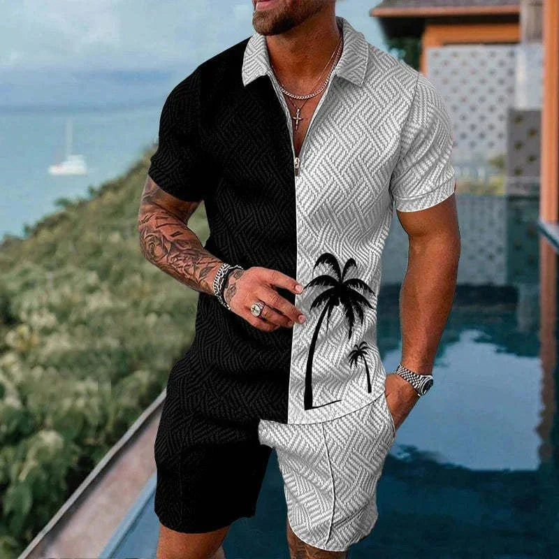 Man wearing black and white short-sleeve shirt and shorts set with palm tree print by poolside
