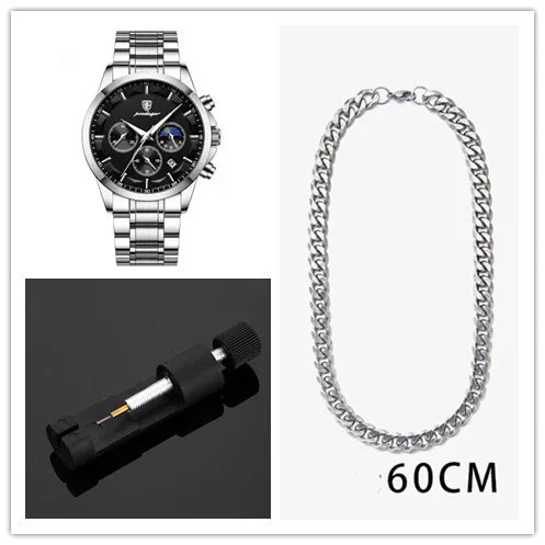 Silver chronograph watch, 60cm silver chain necklace, and black watch repair tool on white and black backgrounds