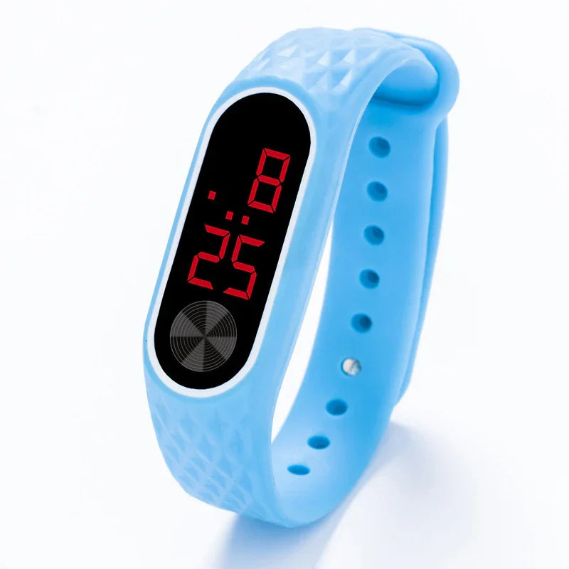 Light blue digital fitness tracker watch with red LED time display on textured silicone band