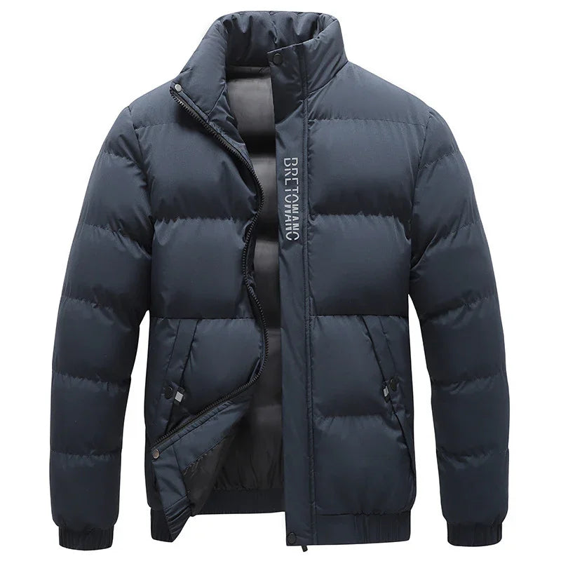 Men's black padded winter jacket with high collar and zipper closure