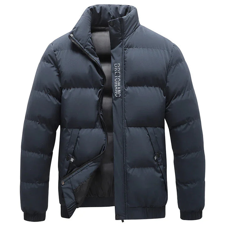 Men's black padded winter jacket with high collar and zipper closure
