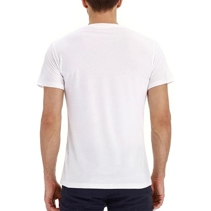 Back view of man wearing plain white short-sleeve t-shirt and dark pants on white background