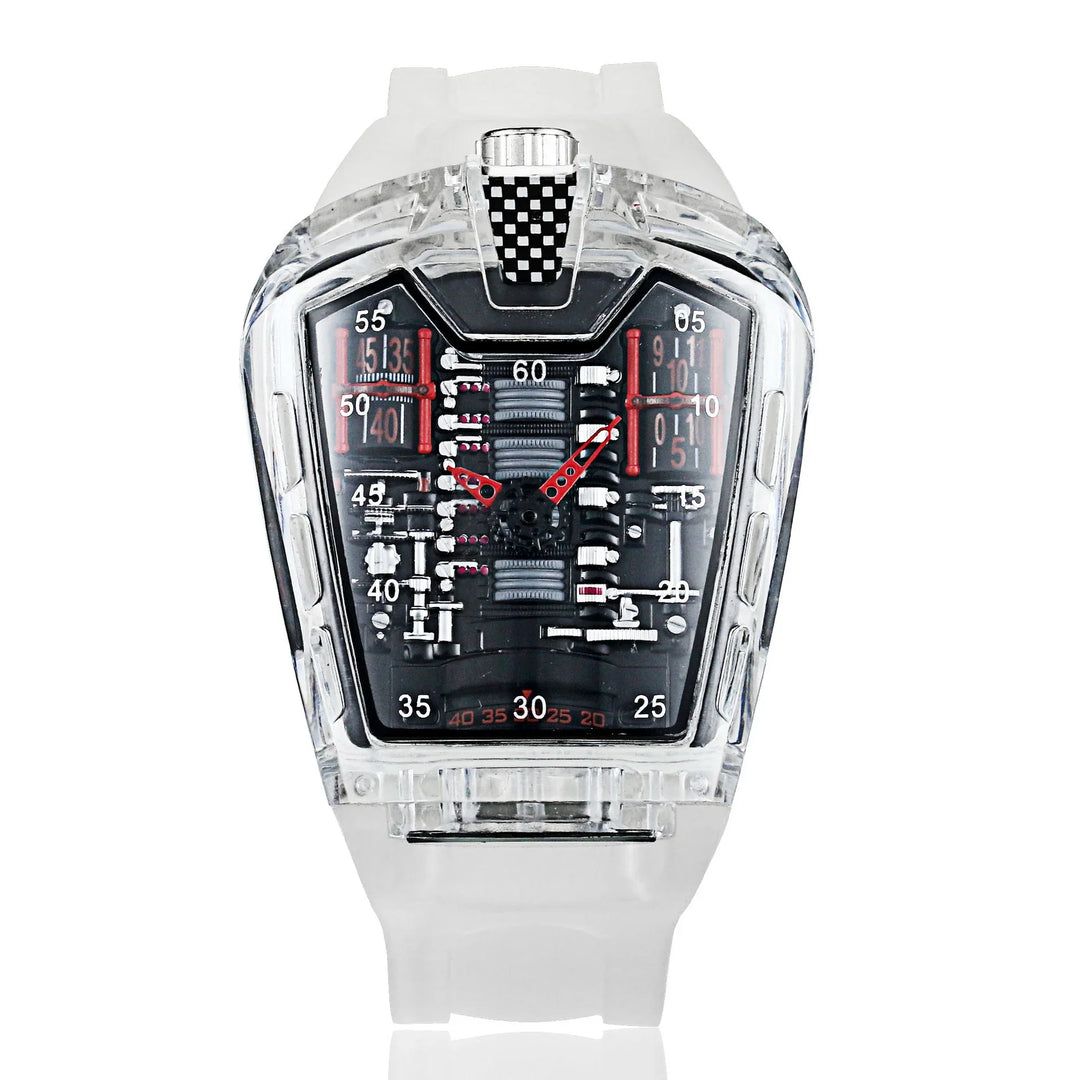 Transparent mechanical wristwatch with black dial, red hands, and detailed gear design