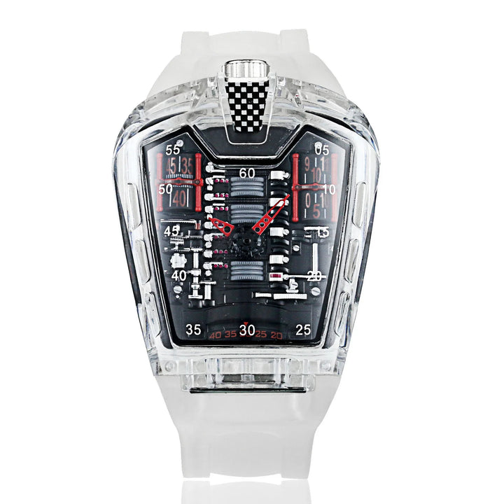 Transparent mechanical wristwatch with black dial, red hands, and detailed gear design