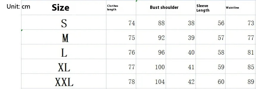 Clothing size chart in cm showing measurements for S to XXL including length, bust, shoulder, sleeve length, and waistline