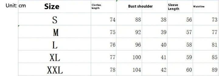 Clothing size chart in cm showing measurements for S to XXL including length, bust, shoulder, sleeve length, and waistline
