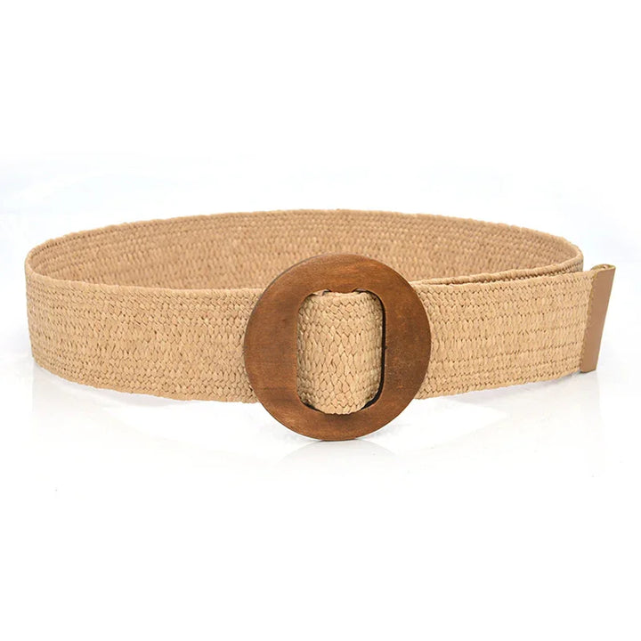 Beige woven fabric belt with a large round wooden buckle on white background