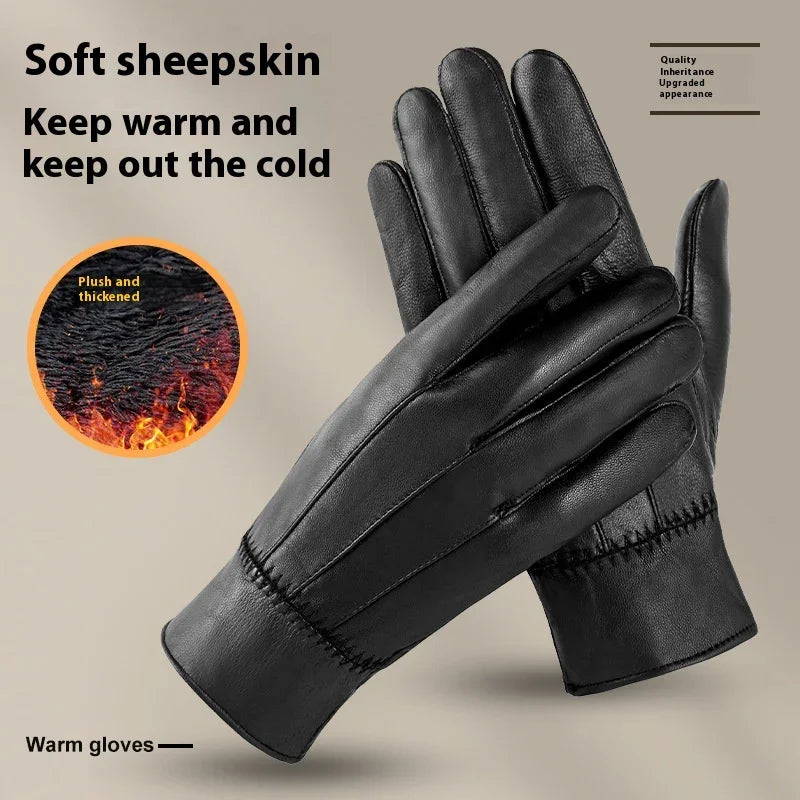 Black soft sheepskin gloves with plush thickened lining to keep warm and block cold