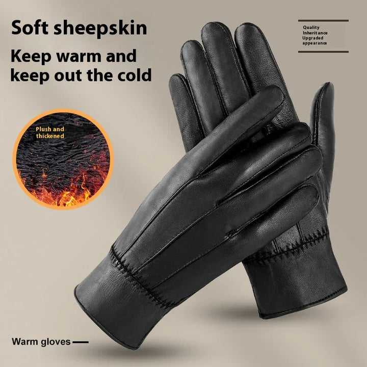 Black soft sheepskin gloves with plush thickened lining to keep warm and block cold