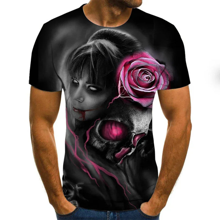 Black t-shirt with creepy female face, skull, and pink rose graphic design