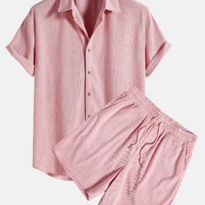 pink short sleeve button-up shirt with matching elastic waist shorts in textured fabric
