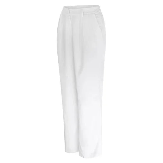 White high-waisted wide-leg trousers with front pleats and side pockets