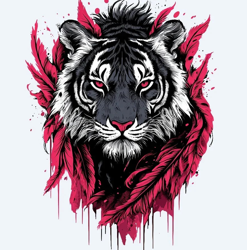 Black and white tiger face illustration with intense pink eyes and surrounding pink feathers